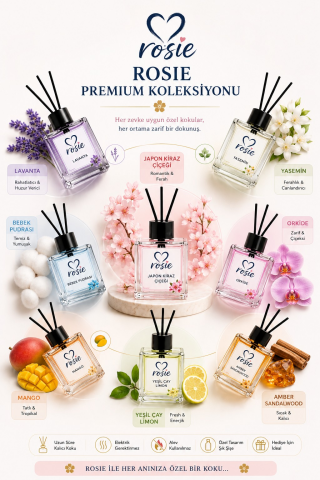 Rosie Japon Kiraz Çiçeği Çubuklu Oda Kokusu, Premium Cam Şişe, Kalıcı Ortam Kokusu, Dekoratif Reed Diffuser