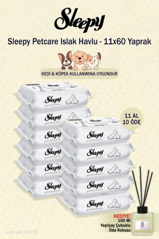 11 Paket Sleepy Petcare Islak Havlu 60'lı ve oda kokusu hediye