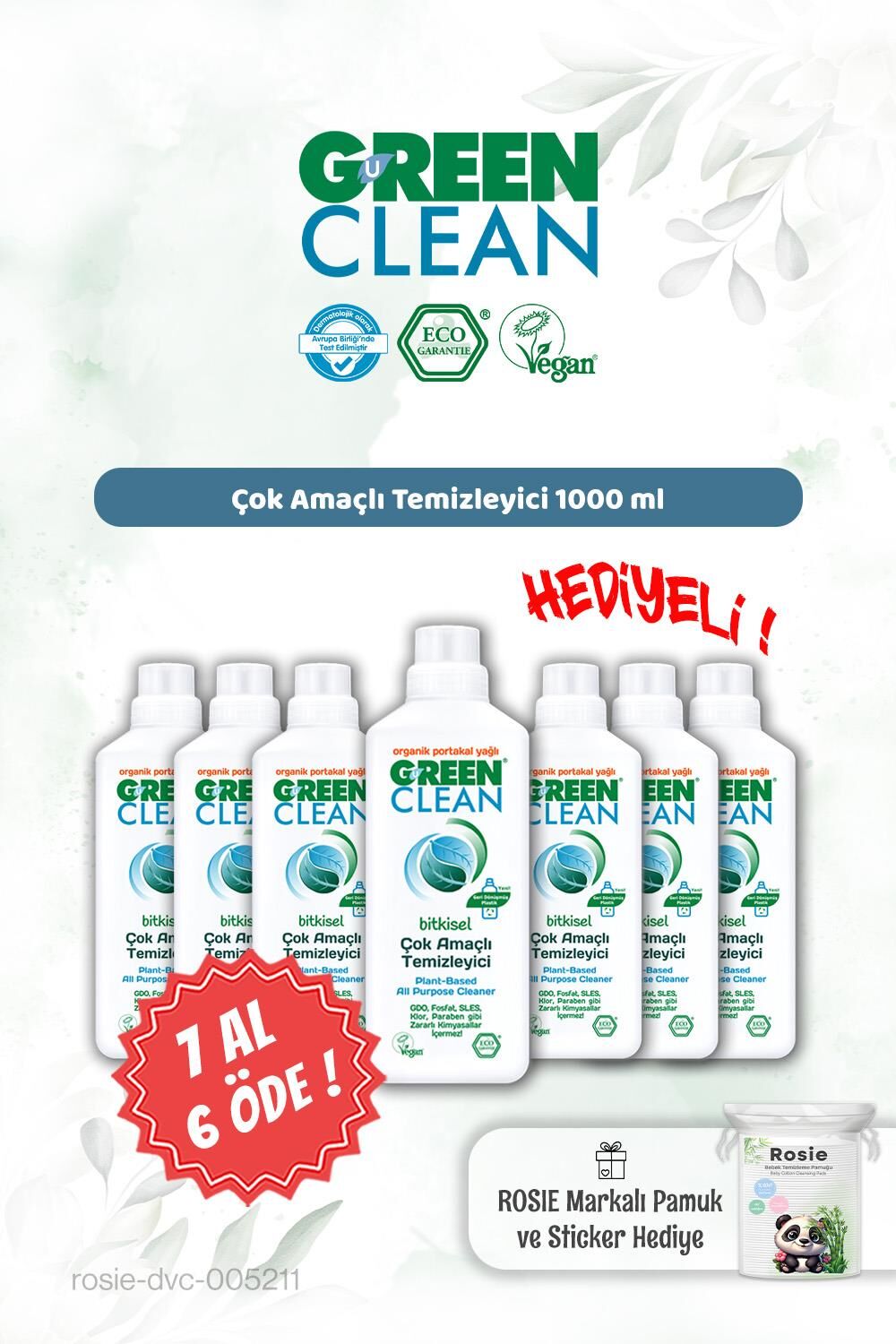 Green Clean Portakal Yağ. Çok Amaçlı Tem.7 AL 6 ÖDE 1000 ml ve Rosie Hediye