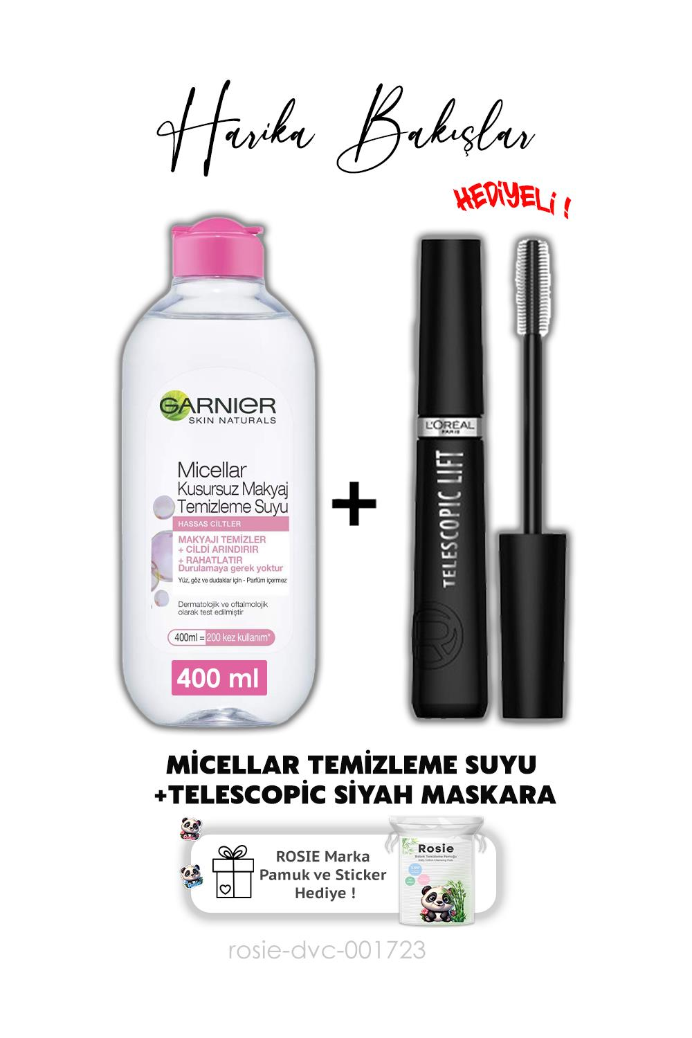 Loreal Paris Telescopic Maskara - Siyah,Micellar Kusursuz Makyaj Temizleme Suyu 400 ml ve ROSIE