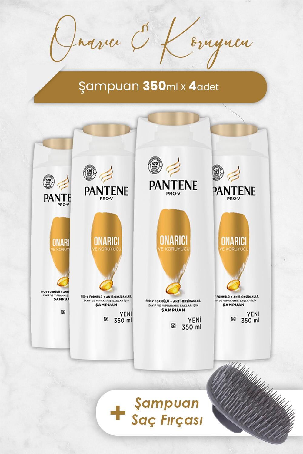 Pantene Şampuan Pro-V Onarıcı ve Koruyucu 350 ml x 4 Adet ve Şampuan Fırçası