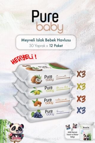 12 Paket Pure Baby Meyveli Islak Mendil Paketi 50'li ve ROSIE