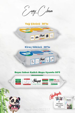 Beyaz Sabun Katkılı Mopa Uyumlu Havlu 50'li, Kireç ve Yağ Çözücü 30'lu ve Rosie Hediye