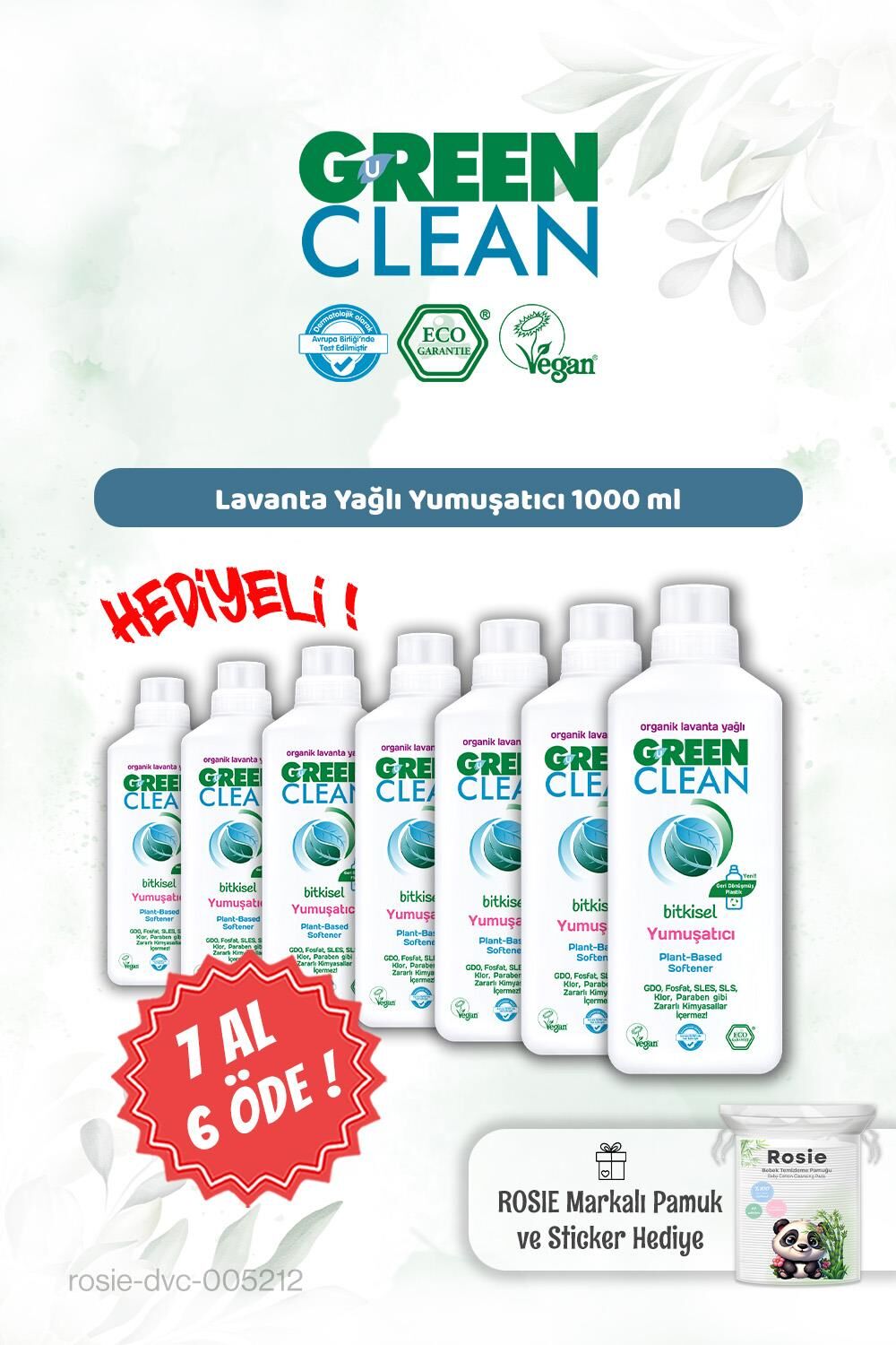 Green Clean Lavanta Yağ. Yumuşatıcı 7 AL 6 ÖDE 1000 ml ve Rosie Hediye