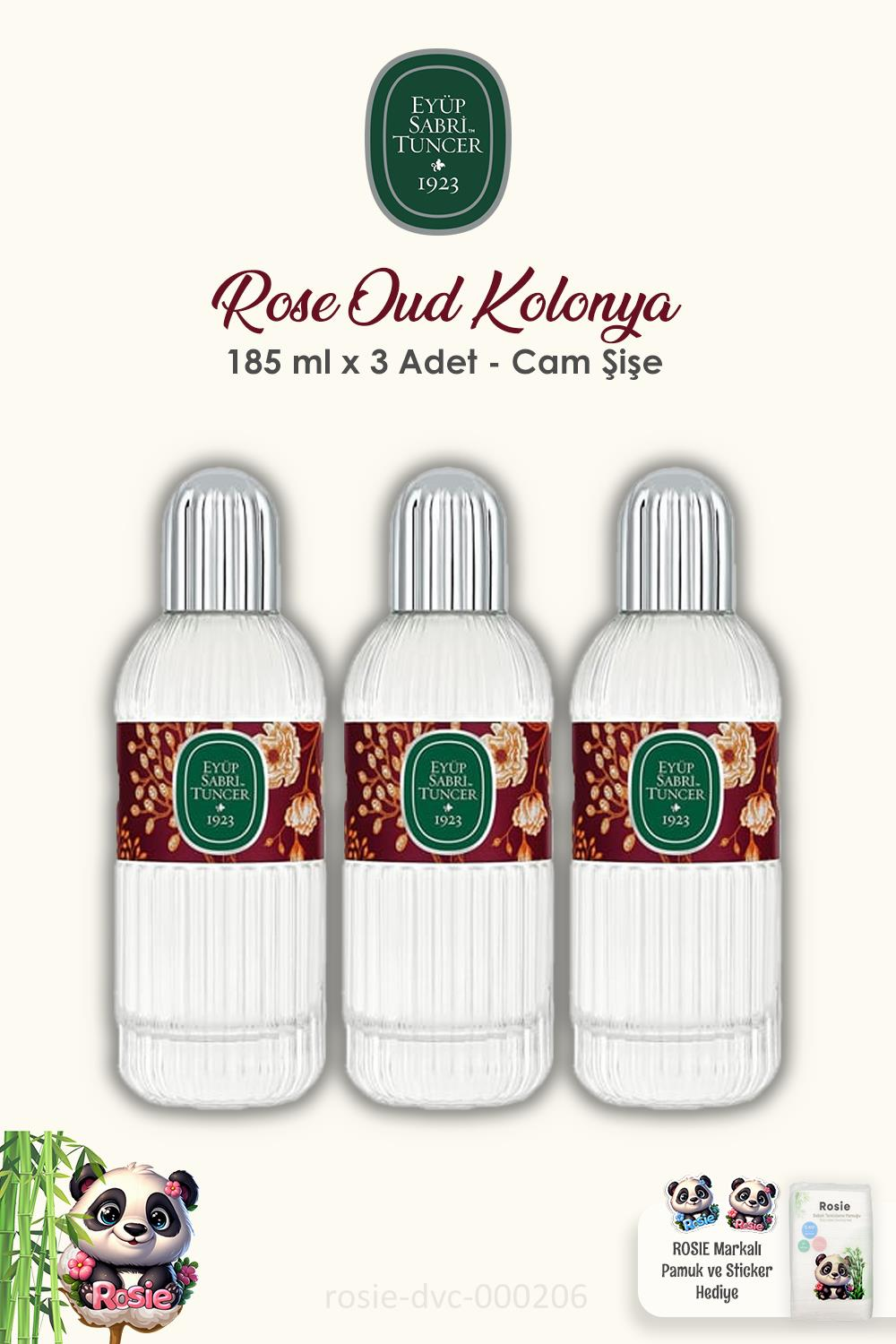 3 Adet Eyüp Sabri Tuncer Rose Oud Kolonyası 185 ml Cam Şişe ve ROSIE Pamuk