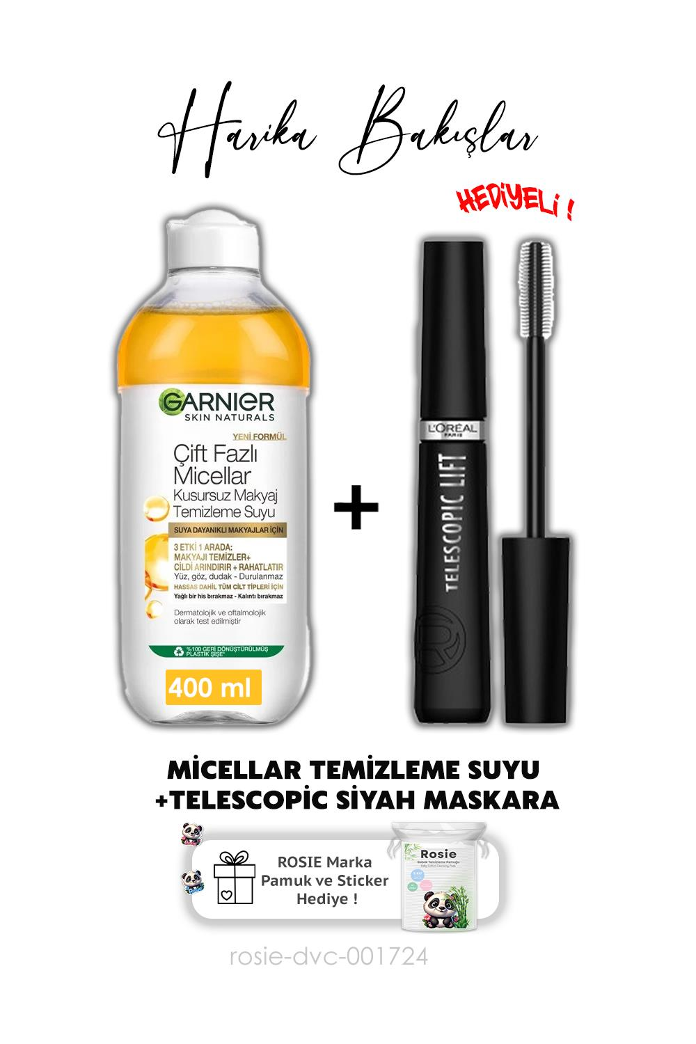 Loreal Paris Telescopic Maskara - Siyah, Çift Fazlı Argan Temizleme Suyu 400 ml ve ROSIE