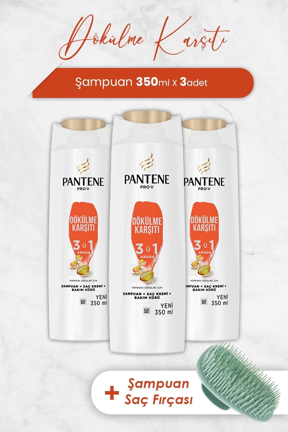 Pantene Şampuan Pro-V Dökülme Karşıtı 3' ü 1 Arada 350 ml x 3 Adet ve Şampuan Fırçası