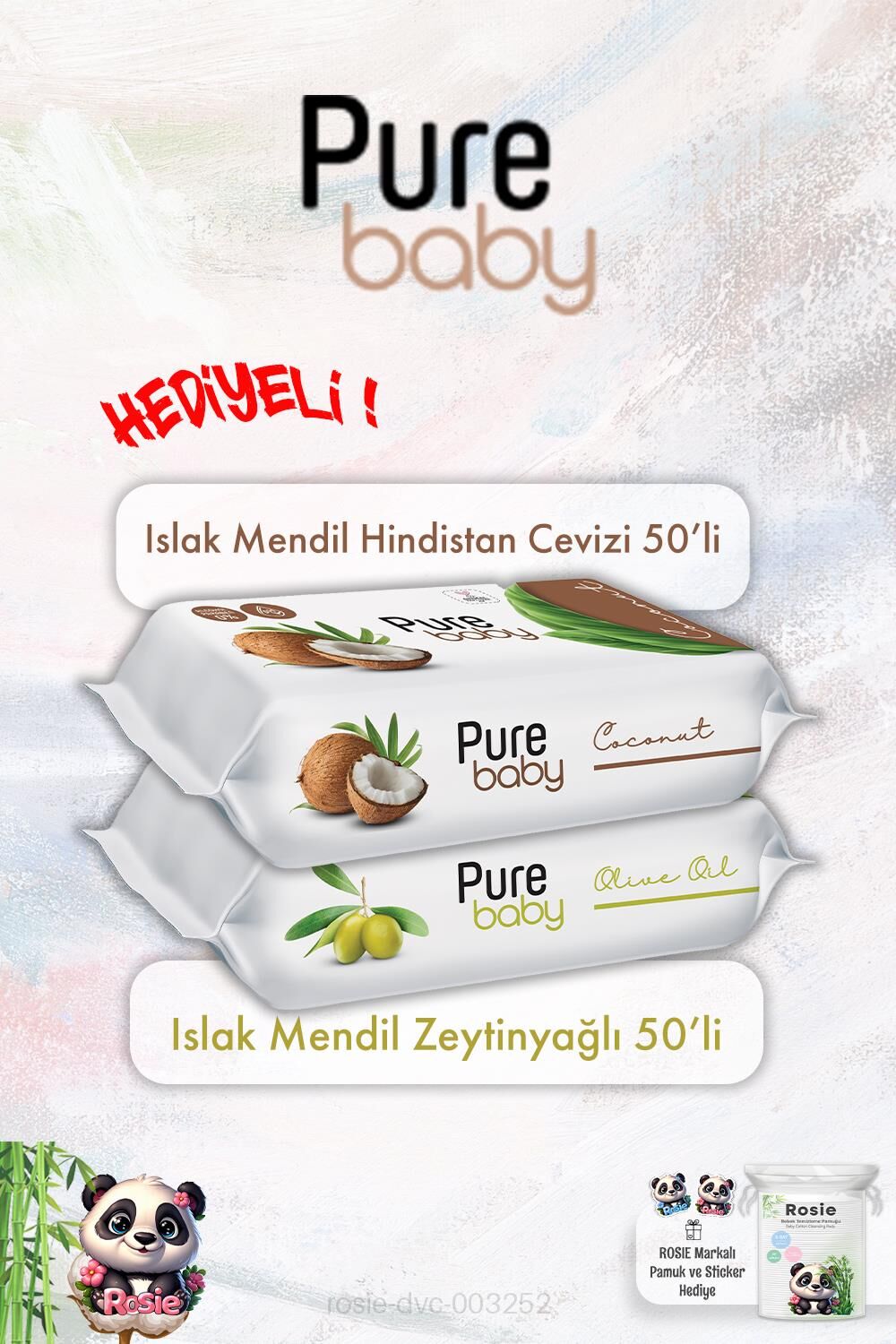 Zeytinyağlı ve Hindistan Cevizli Pure Baby Islak Mendil Paketi 50'li ve ROSIE