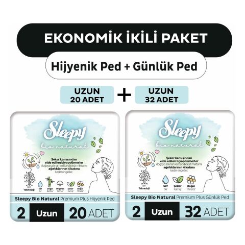 Sleepy Bio Natural Premium Plus Hijyenik Ped Uzun 20'li + Günlük Ped Uzun 32'li