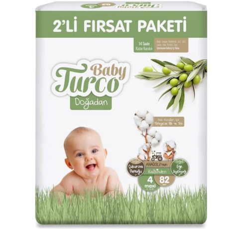 Baby Turco Doğadan 2'li Fırsat Paketi Bebek Bezi 4 Numara Maxi 82 Adet