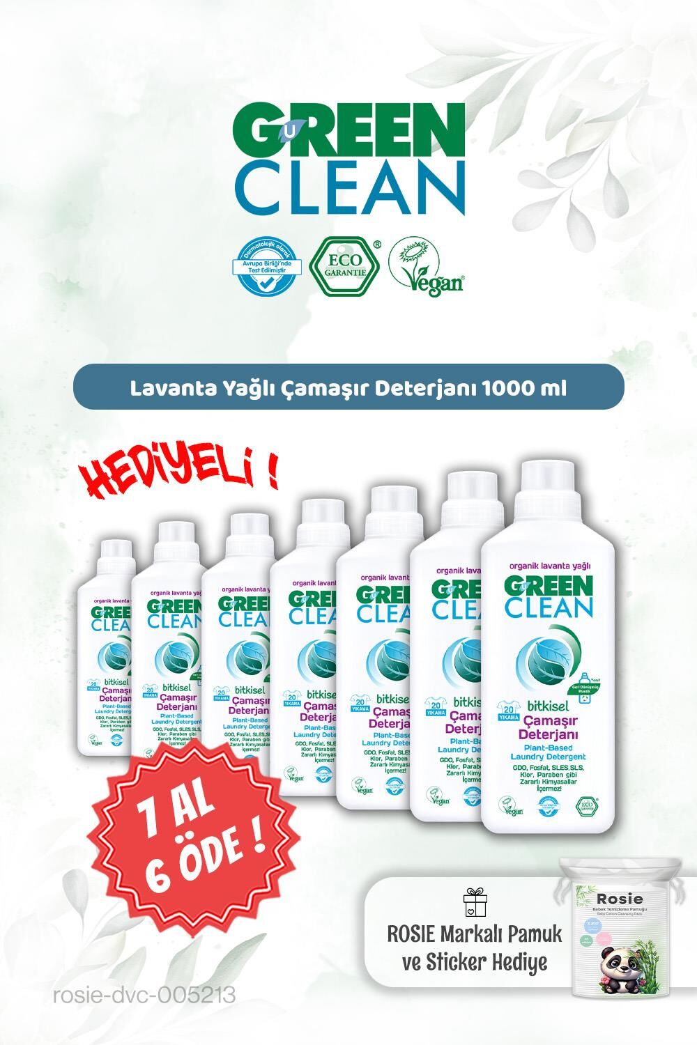 Green Clean Lavanta Yağ. Çamaşır Deterjanı 7 AL 6 ÖDE 1000 ml ve Rosie Hediye