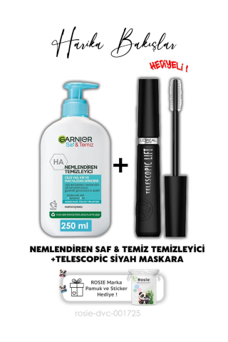 Loreal Paris Telescopic Maskara - Siyah, Nemlendiren Temizleyici Saf & Temiz 250 ml ve ROSIE
