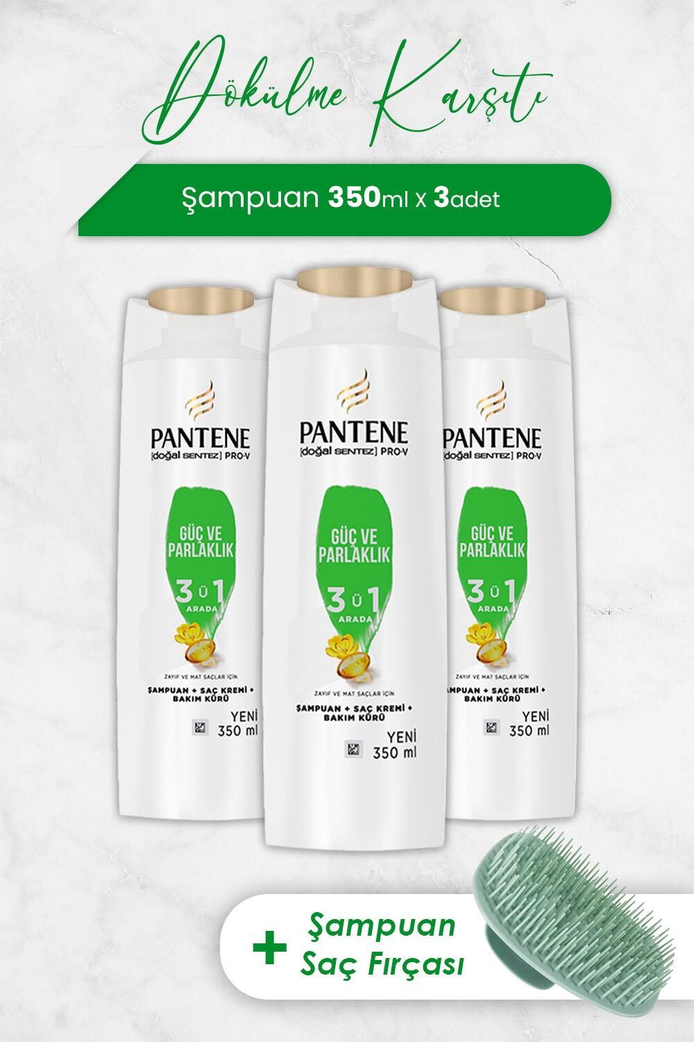 Pantene Şampuan Pro-V Doğal Sentez Güç ve Parlaklık 3'ü 1 Arada 350 ml x 3 Adet ve Şampuan Fırçası