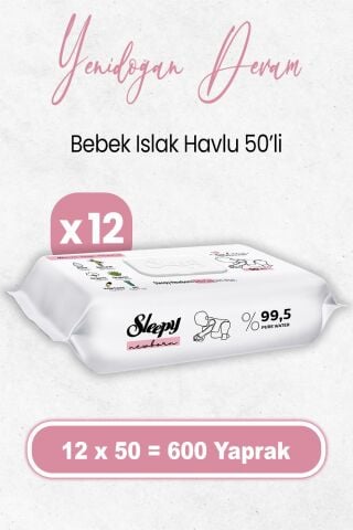 Sleepy Yenidoğan Devam Islak Bebek Bakım Havlusu 50 x 12 Adet (600 Yaprak)