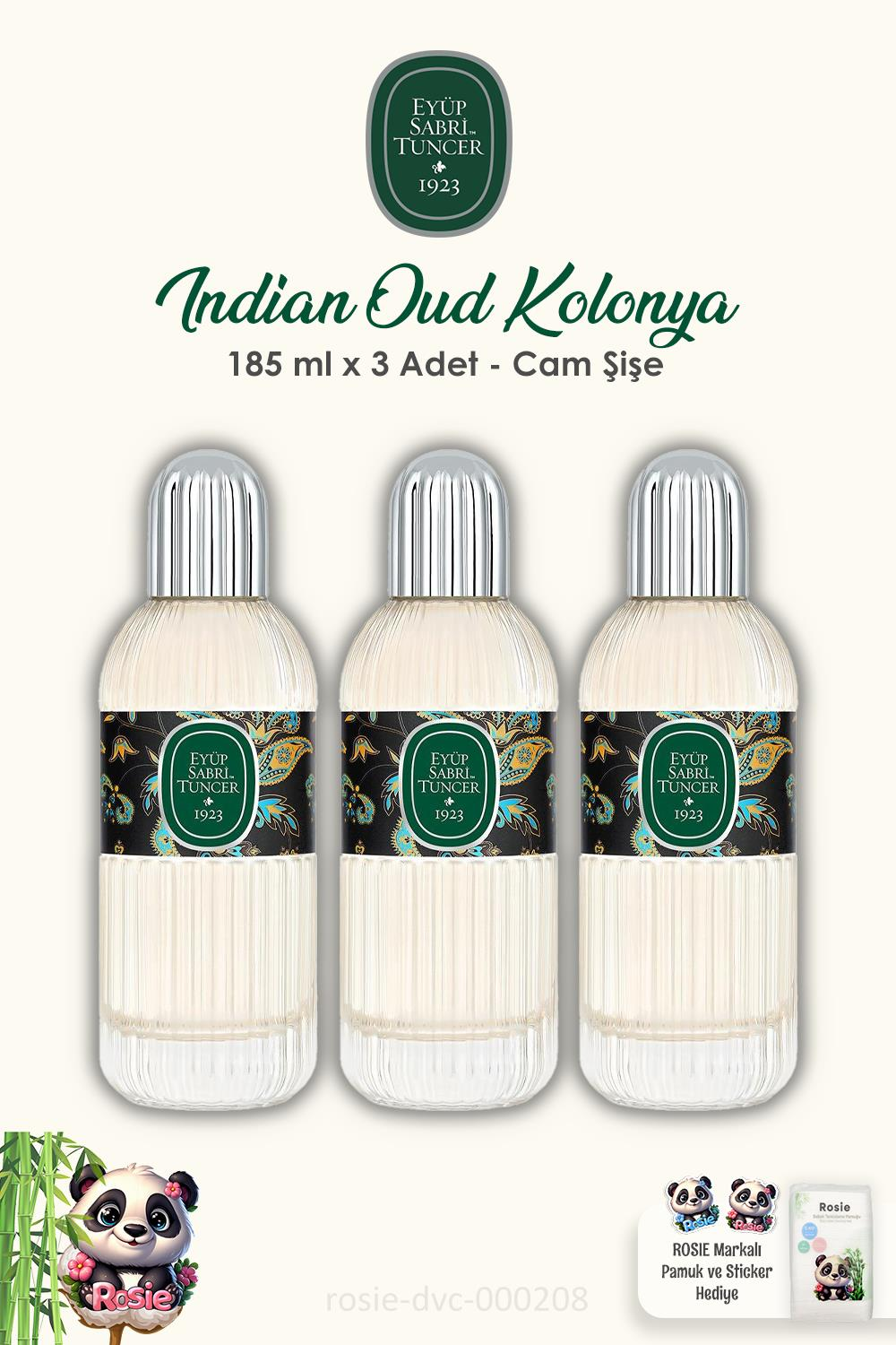 3'lü Eyüp Sabri Tuncer Indian Oud Kolonyası 185 ml  Cam Şişe ve ROSIE Pamuk