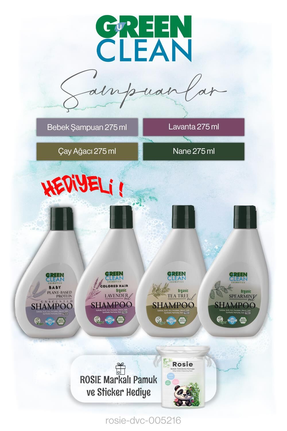Green Clean 275 ml Şampuanlar 4'lü set ve Rosie pamuk Hediye