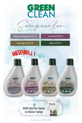 Green Clean 275 ml Şampuanlar 4'lü set ve Rosie pamuk Hediye