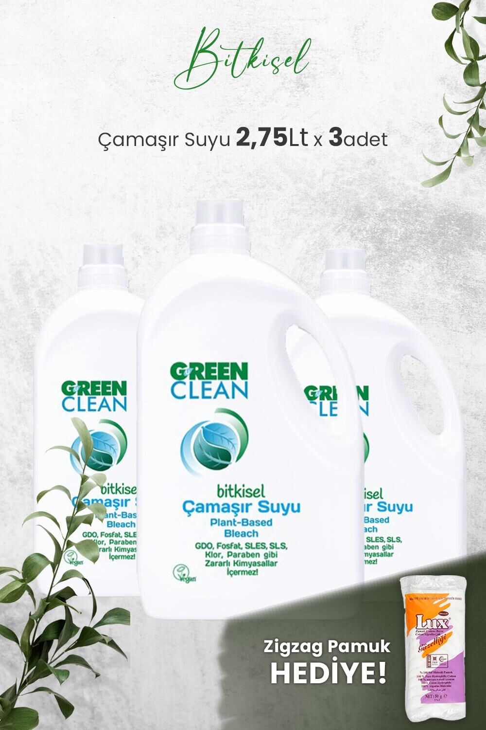 Green Clean Bitkisel Çamaşır Suyu 2,75 Lt x 3 Adet ve Hediyeli