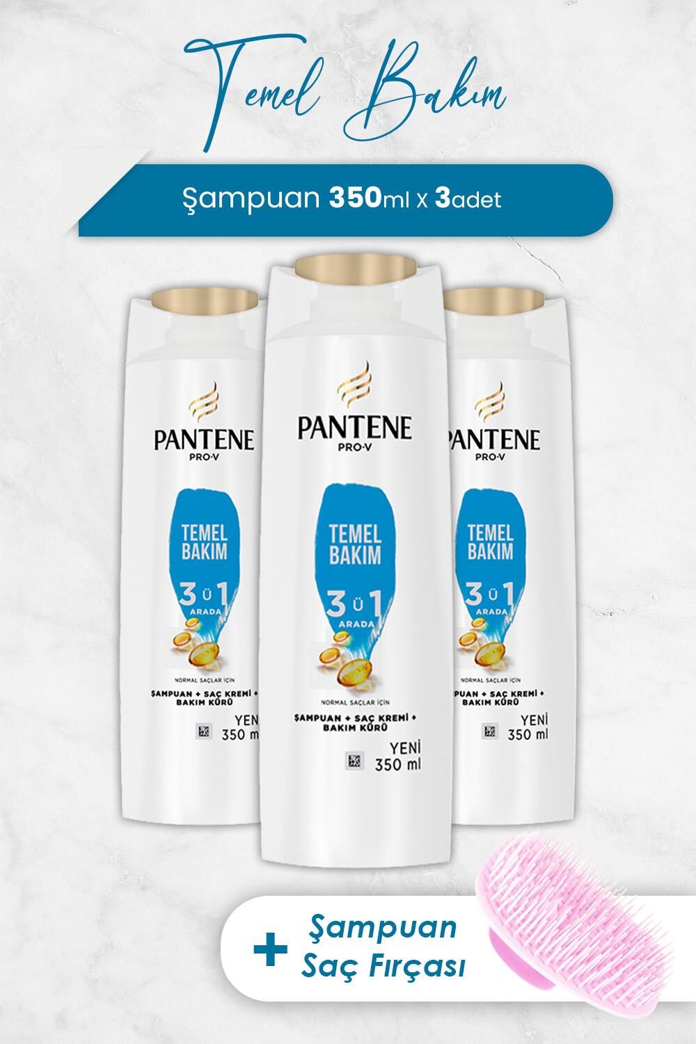 Pantene Şampuan Pro-V Temel Bakım 3'ü 1 Arada 350 ml x 3 Adet ve Şampuan Fırçası