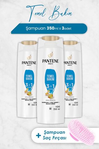 Pantene Şampuan Pro-V Temel Bakım 3'ü 1 Arada 350 ml x 3 Adet ve Şampuan Fırçası