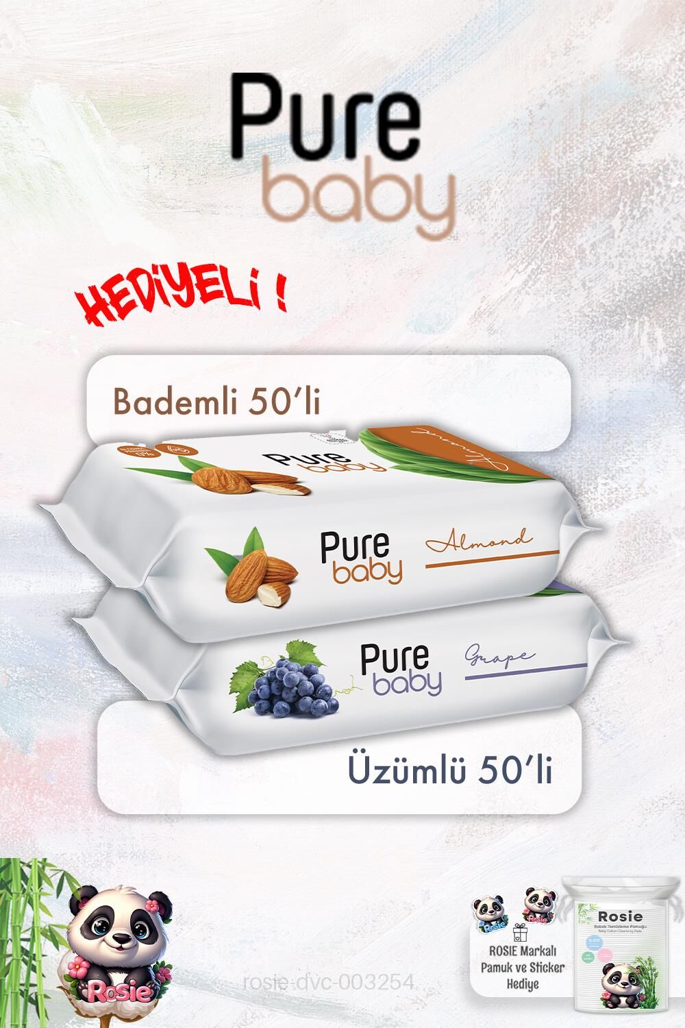 Pure Baby Badem ve Üzüm Bebek Islak Mendil Paketi 50'li ve ROSIE