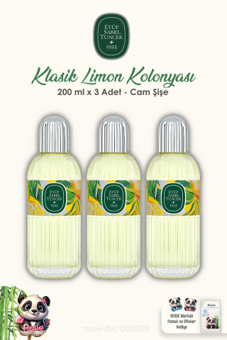 3 Adet Eyüp Sabri Tuncer Klasik Limon Kolonyası 200 ml Cam Şişe ve ROSIE Pamuk