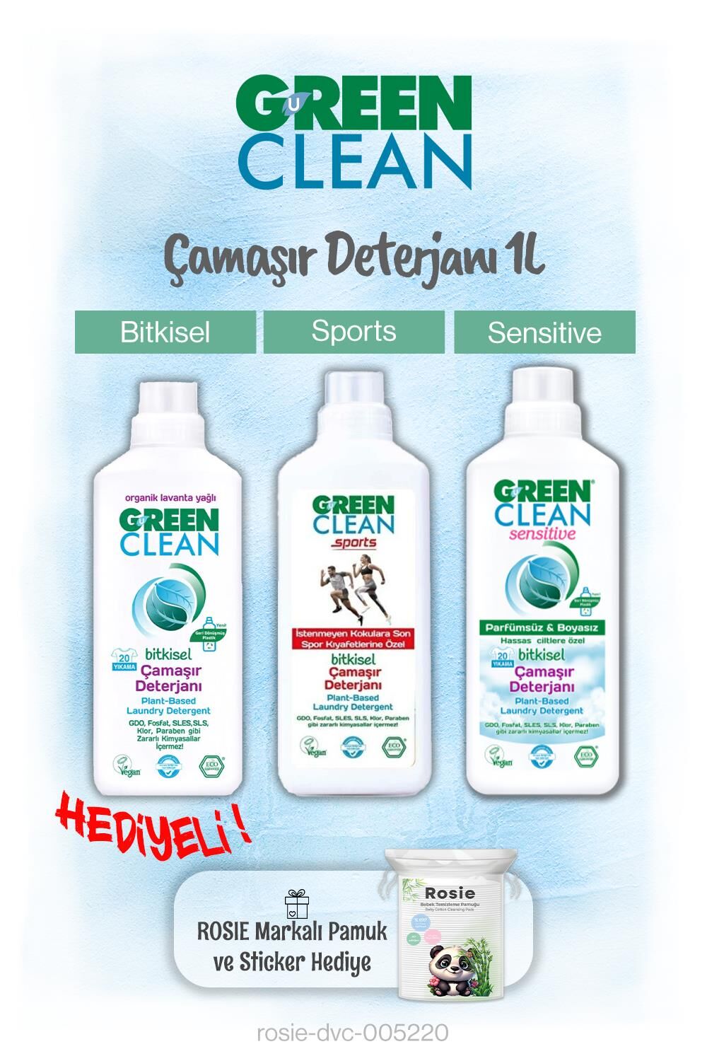 Green Clean Çamaşır Deterjanları 1 L x 3 ve Rosie Pamuk Hediye
