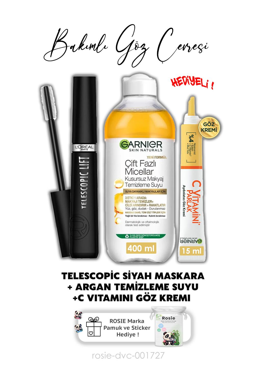 Loreal Paris Telescopic Maskara - Siyah, Aydınlatıcı Göz Kremi 15 ml,Argan Misel Su 400 ml ve ROSIE