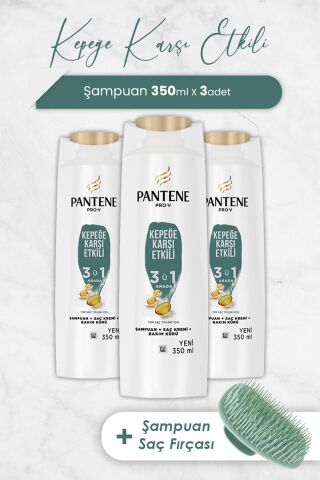 Pantene Şampuan Pro-V Kepeğe Karşı Etkili 3'ü 1 Arada 350 ml x 3 Adet ve Şampuan Fırçası