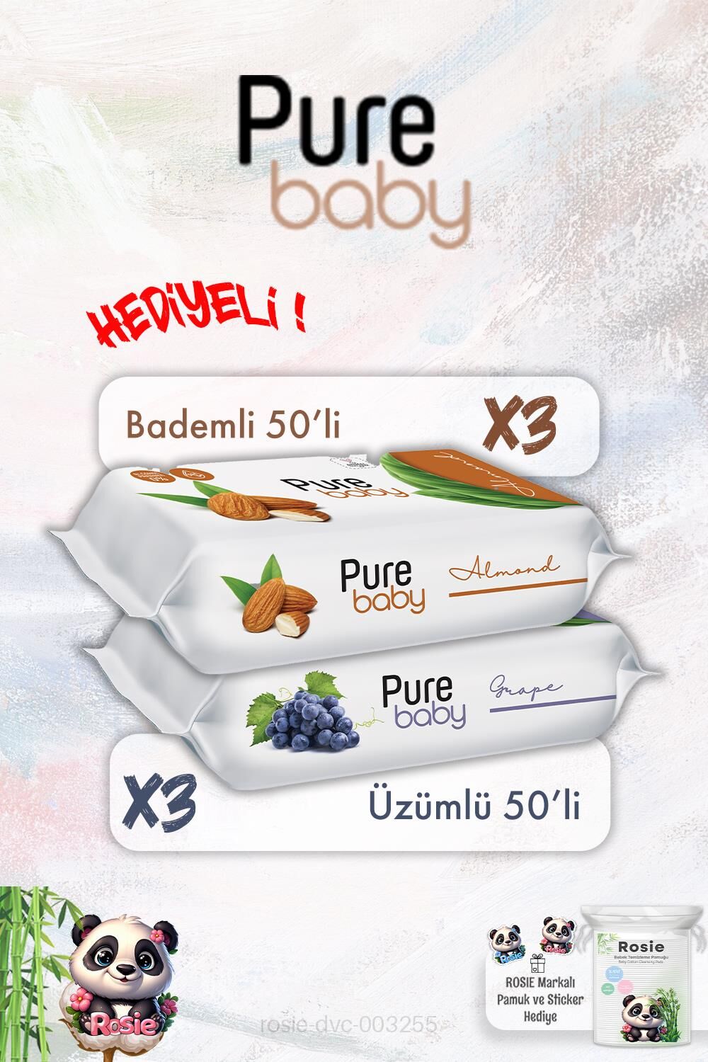 Pure Baby Badem X 3 ve Üzüm X 3 Bebek Islak Mendil 50'li ve ROSIE