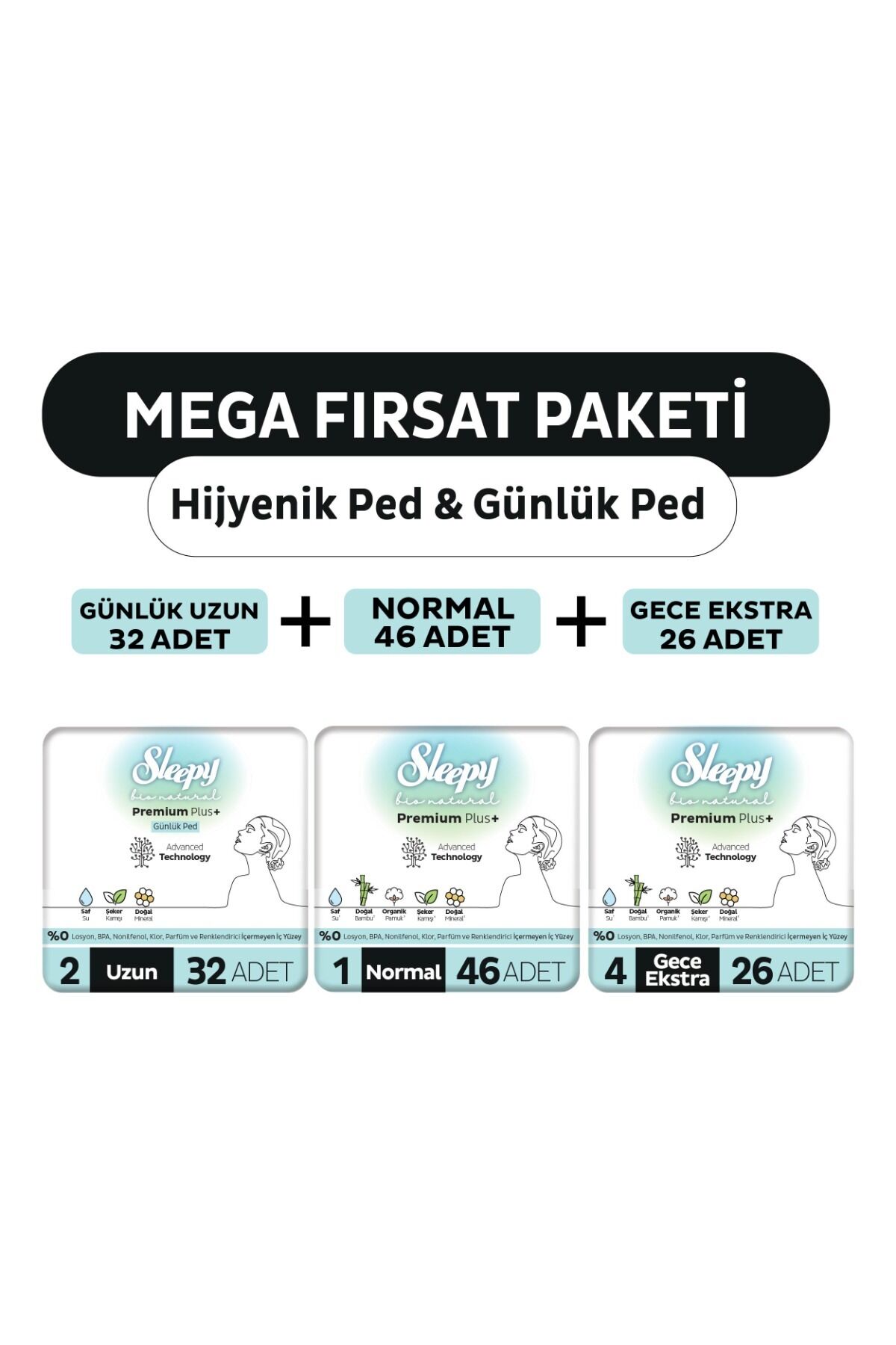 Sleepy Bio Natural Premium Plus Hijyenik Ped Mega Fırsat Paketi 72 Adet, Günlük Ped Uzun 32 Adet
