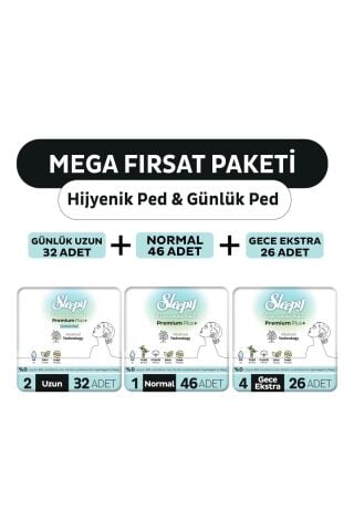 Sleepy Bio Natural Premium Plus Hijyenik Ped Mega Fırsat Paketi 72 Adet, Günlük Ped Uzun 32 Adet