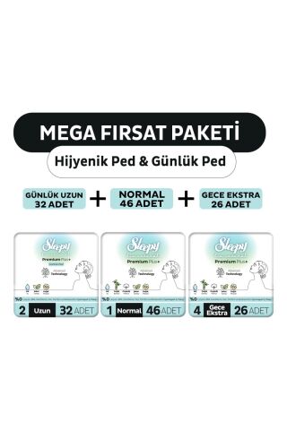 Sleepy Bio Natural Premium Plus Hijyenik Ped Mega Fırsat Paketi 72 Adet, Günlük Ped Uzun 32 Adet