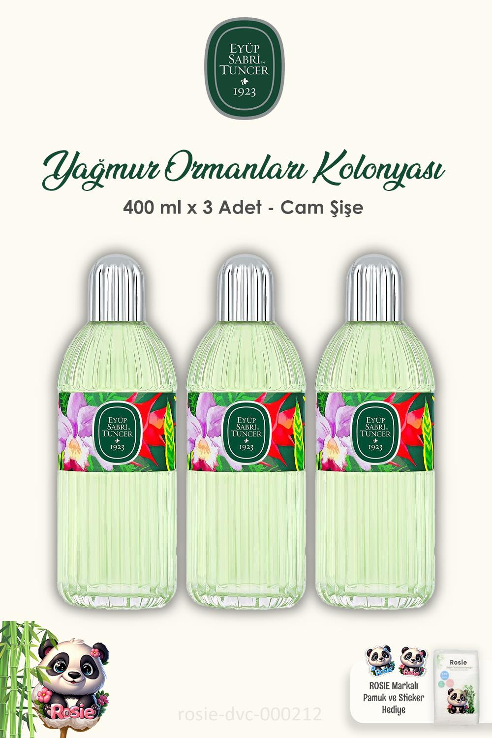 3'lü Eyüp Sabri Tuncer Yağmur Ormanları Cam Şişe Kolonyası 400 ml ve 60'lı ROSIE