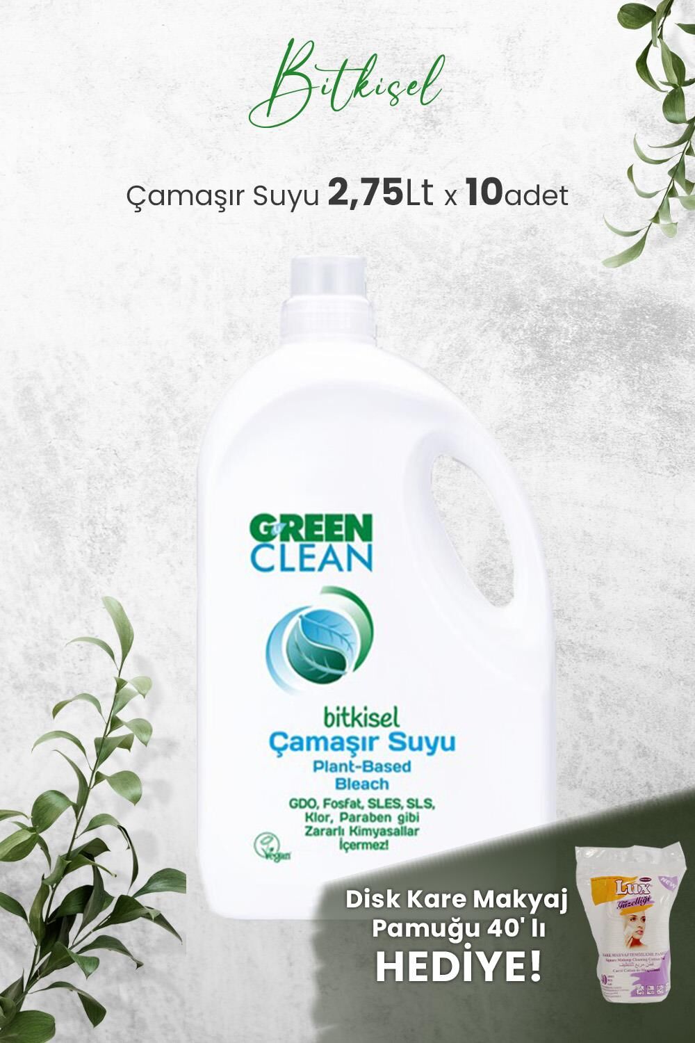 Green Clean Bitkisel Çamaşır Suyu 2,75 Lt x 10 Adet ve Hediyeli