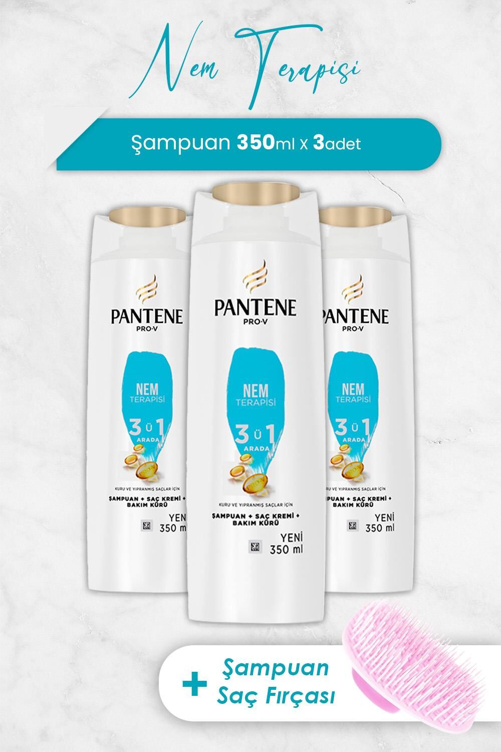 Pantene Şampuan Pro-V Nem Terapisi 3'ü 1 Arada 350 ml x 3 Adet ve Şampuan Fırçası