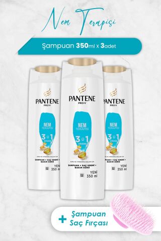 Pantene Şampuan Pro-V Nem Terapisi 3'ü 1 Arada 350 ml x 3 Adet ve Şampuan Fırçası