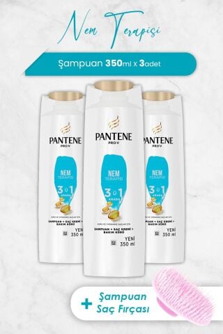 Pantene Şampuan Pro-V Nem Terapisi 3'ü 1 Arada 350 ml x 3 Adet ve Şampuan Fırçası