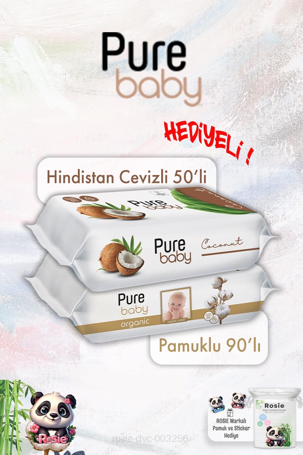 Pure Baby Organik Pamuk 90'lı ve Hindistan Cevizi 50'li Bebek Islak Mendil ve ROSIE