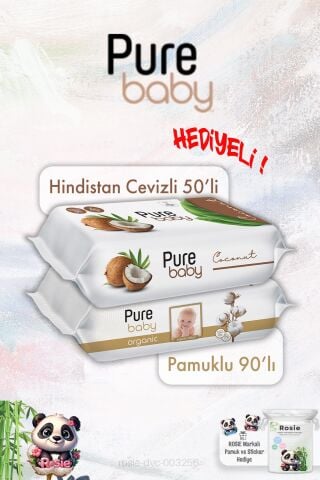Pure Baby Organik Pamuk 90'lı ve Hindistan Cevizi 50'li Bebek Islak Mendil ve ROSIE