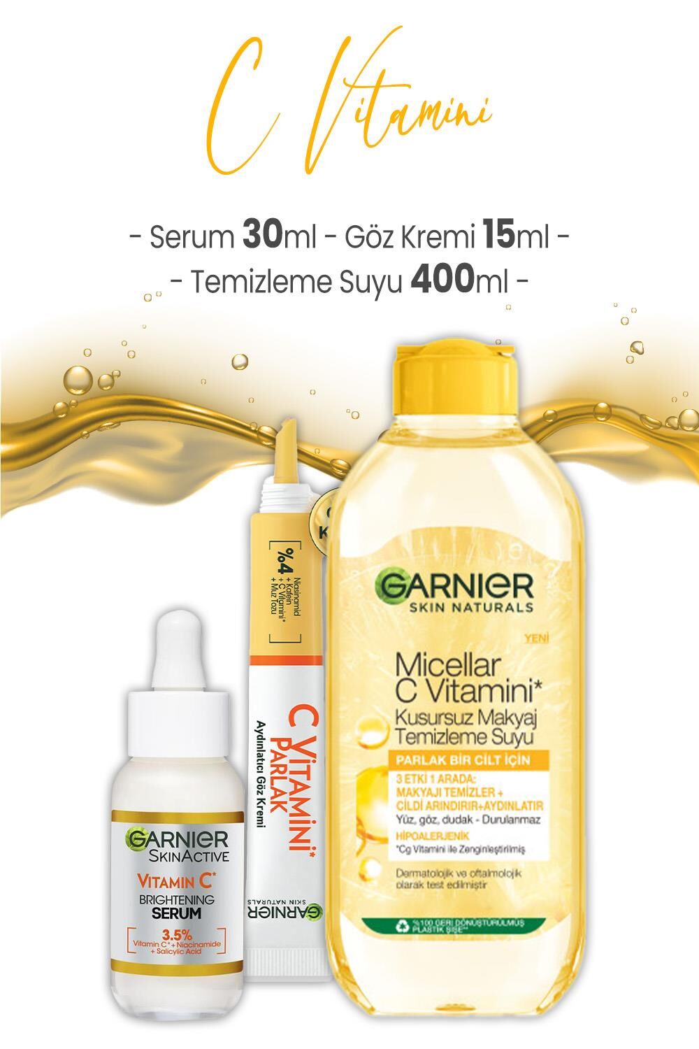 Garnier C Vitamini Serum 30 ml, Göz Kremi 15 ml ve Temizleme Suyu 400 ml