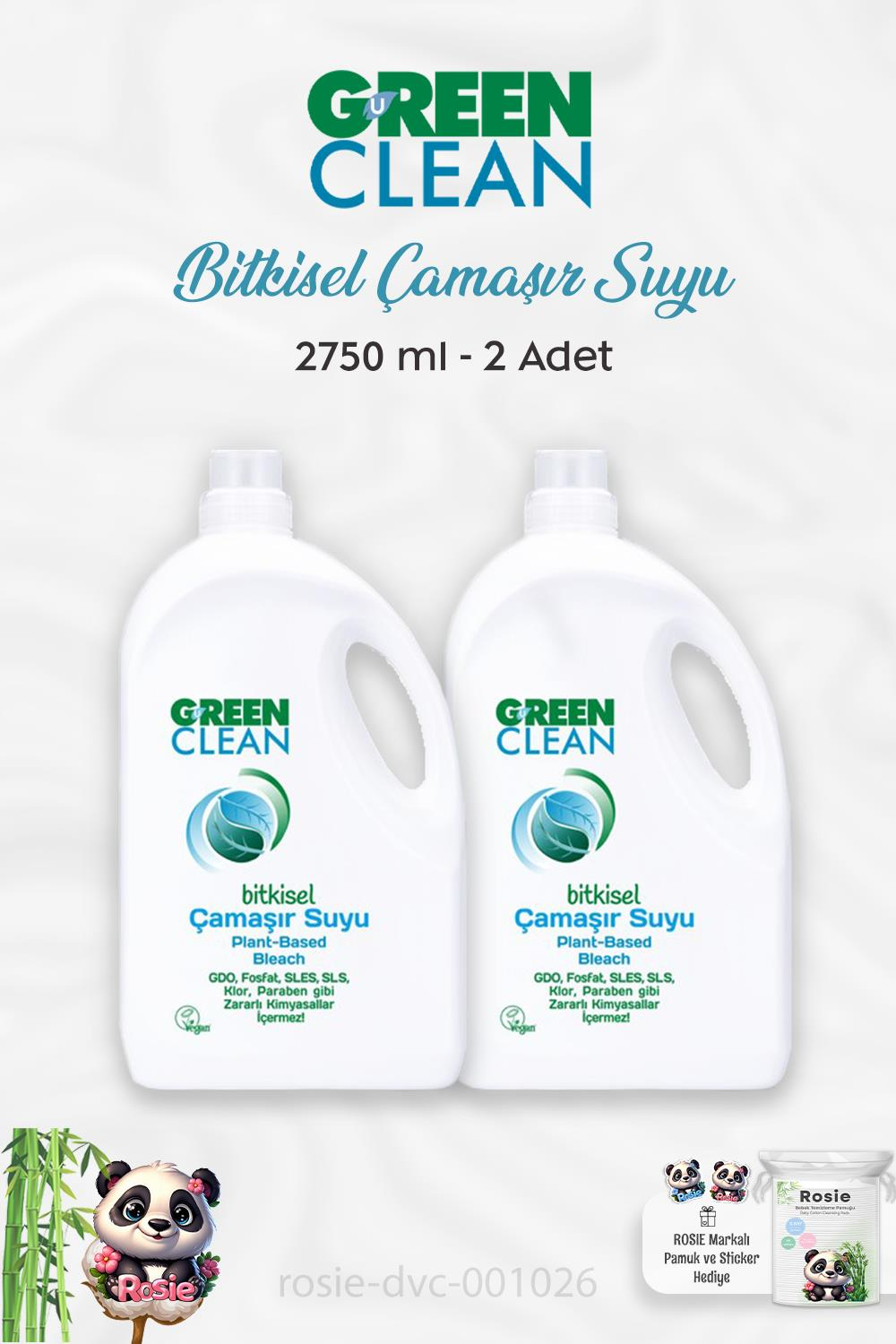2 Adet Green Clean Bitkisel Çamaşır Suyu 2750 ml ve ROSIE