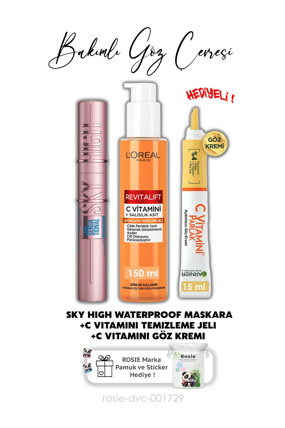 Maybelline Lash Sensational Sky High Maskara,Revitalift Temizleme Jeli 150 ml, C Vitamini Göz Kremi 15 ml ve ROSIE