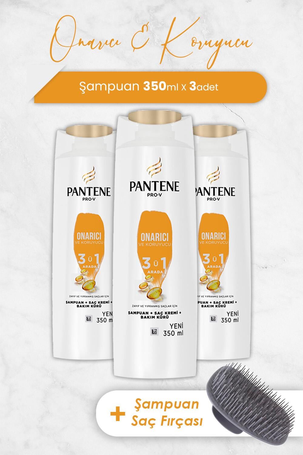 Pantene Şampuan Pro-V Onarıcı ve Koruyucu 3'ü 1 Arada 350 ml x 3 Adet ve Şampuan Fırçası