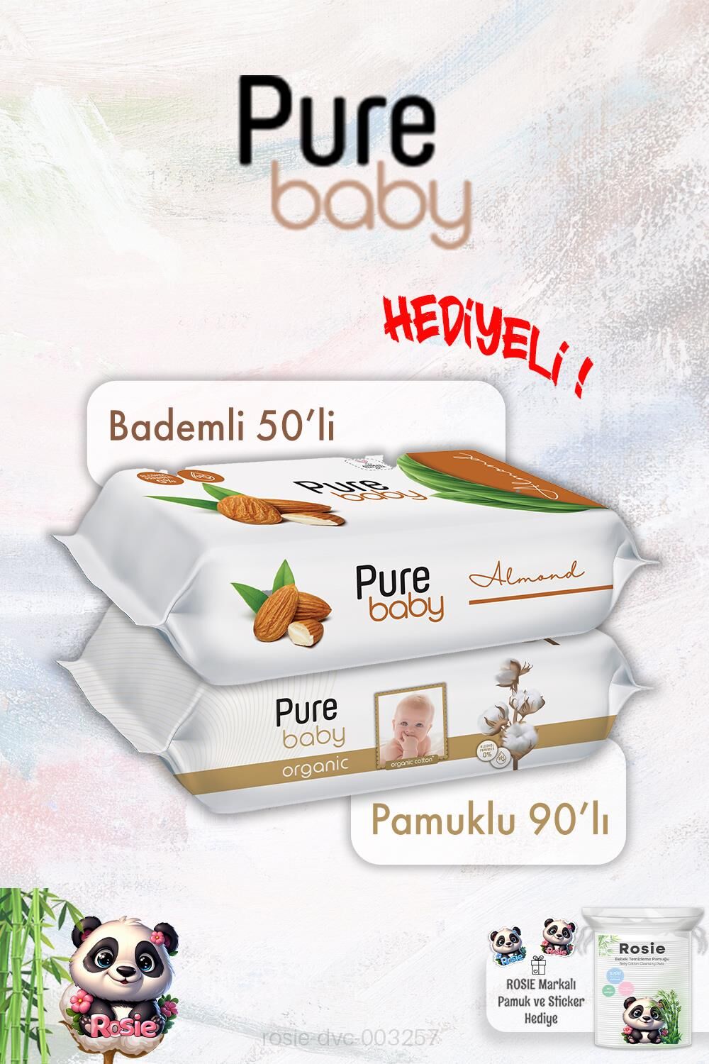 Bebek Islak Mendil Pure Baby Organik Pamuk 90'lı ve Bademli 50'li ve ROSIE