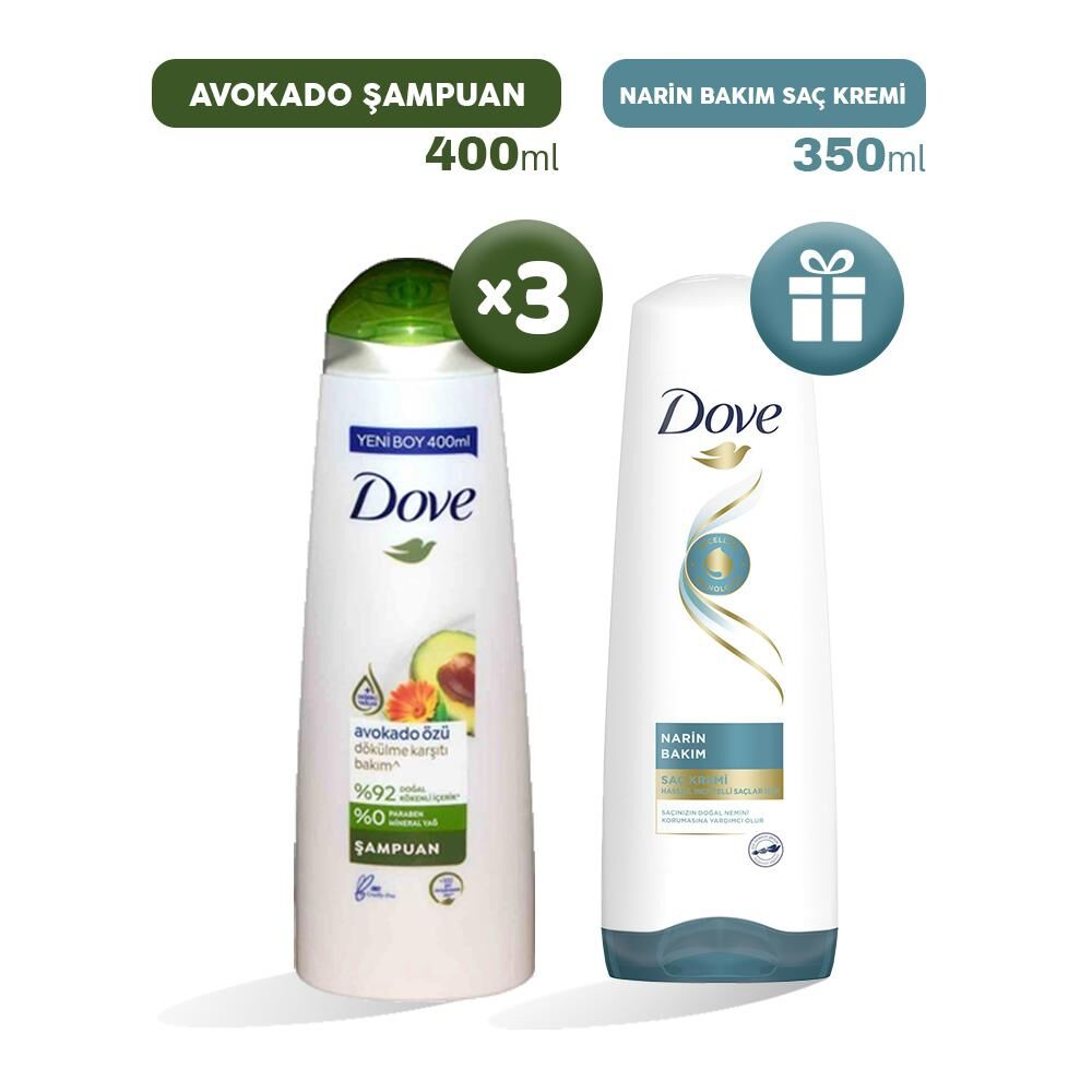 Dove Şampuan Avokado Özü 400 ml x 3, Saç Kremi Hediyeli