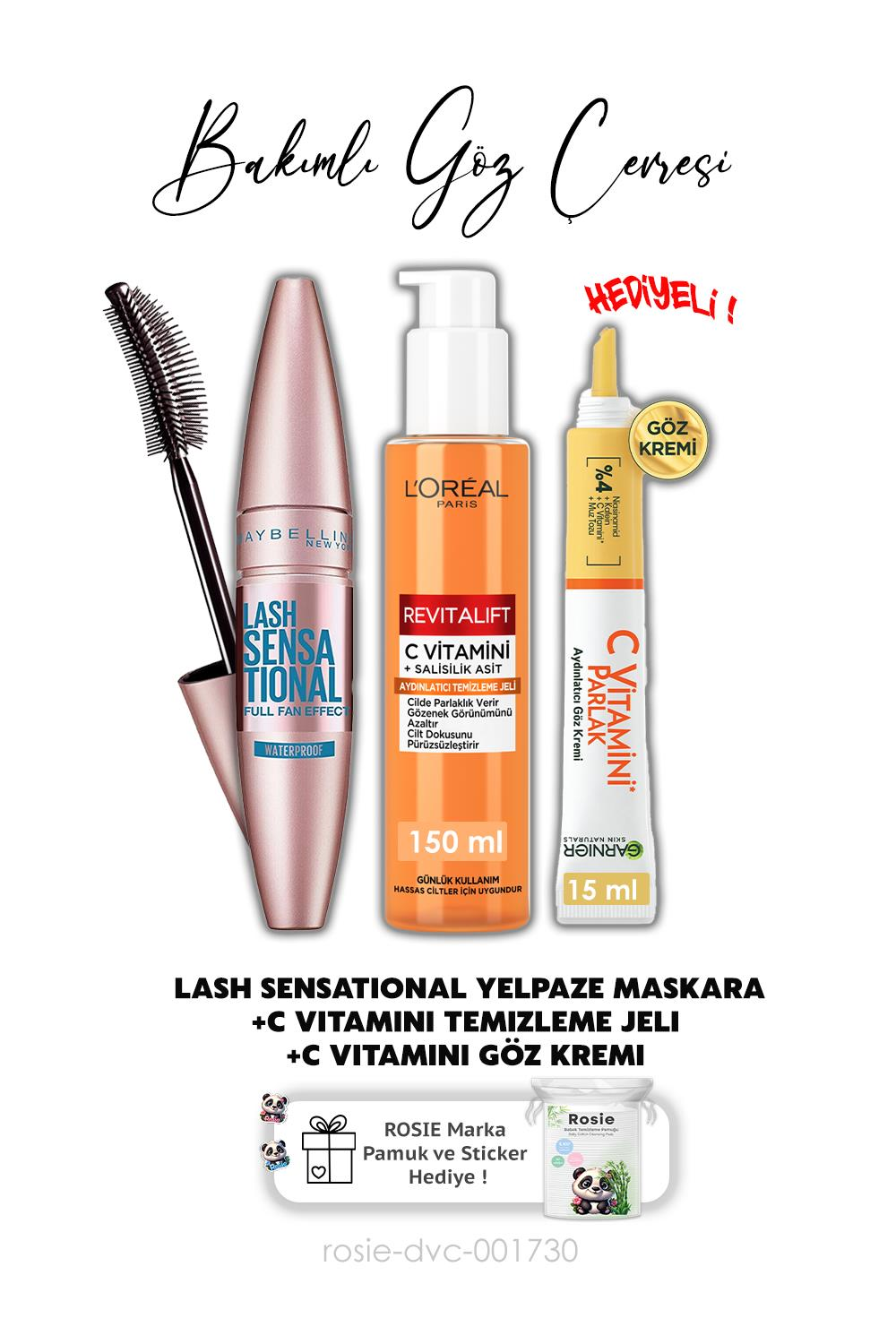 Maybelline Lash Sensational Yelpaze Etkili Intense Maskara, Temizleme Jeli 150 ml,Göz Kremi 15 ml ve ROSIE