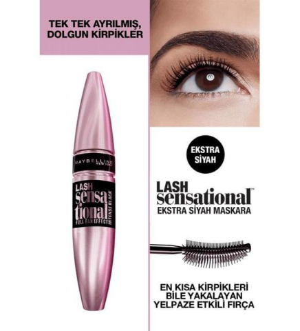 Maybelline Lash Sensational Yelpaze Etkili Intense Maskara, Temizleme Jeli 150 ml,Göz Kremi 15 ml ve ROSIE