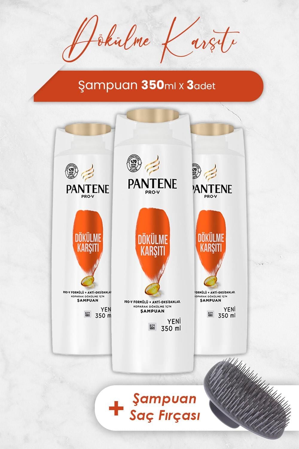 Pantene Şampuan Pro-V Dökülme Karşıtı 350 ml x 3 Adet ve Şampuan Fırçası
