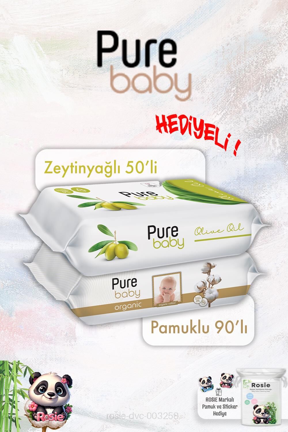 Zeytinyağlı 50'li Bebek Islak Mendil Pure Baby Organik Pamuk 90'lı ve ROSIE